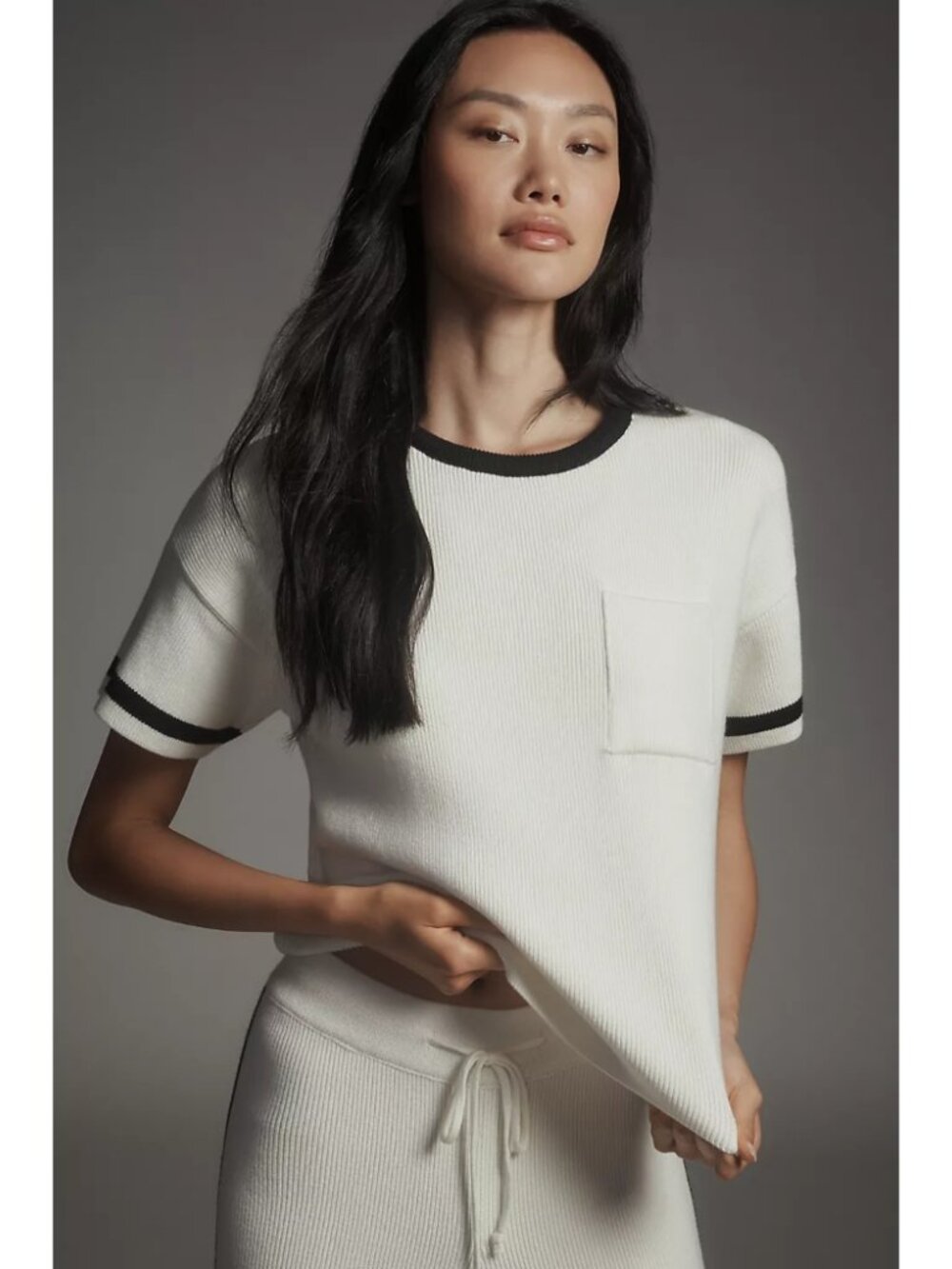 Maeve Anthropologie Crew-Neck Boxy Knit T-Shirt White & Black Trim Size S